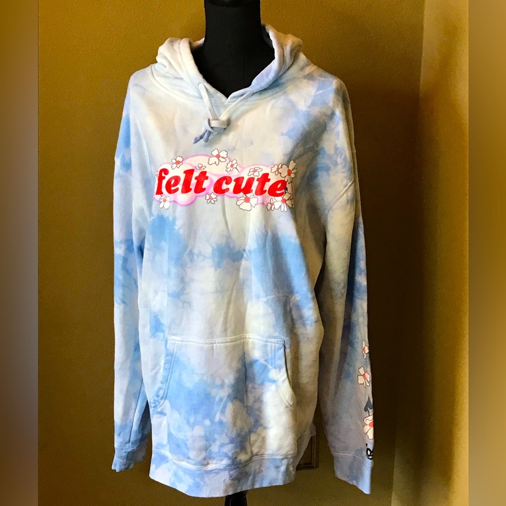 By SAMII RYAN blue tie dyed hooded sweatshirt w/ flowers & clouds says Felt Cute
